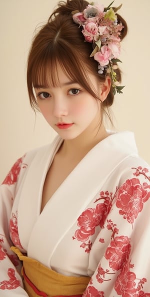 A very beautiful girl looking at viewer, kimono, light theme, front view, upper body, masterpiece quality, stunning image, digital art, professional style, pretty detailed, perfect anatomy, Sumi-e,洛可可藝術,绝美之作。,Una