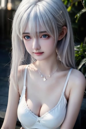 Best quality, masterpiece, very high resolution, photorealistic, (medium full shot:1.3), raw photo, a gorgeous girl, fair skin, white hair, natural eyes, perfect body pose, a sheer bra or topless , casual, dynamic lighting , in the dark, deep shadows, cinematic images, dark city, dark sky, stars,