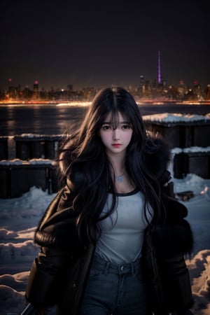 Best quality, masterpiece, ultra high res, photorealistic, (medium shot:1.3),  raw photo, a young girl, long hair in the wind, perfect body pose, snow, winter, thick fur jacket, dynamic lighting, in the dark, deep shadow, cinematic image, dark city, floting city on the background.