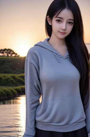(a woman:1.4), (full body shot:1.5), grey sweater with hoodie, masterpiece, extremely best quality, official art, cg 8k wallpaper, (Fantasy Style:1.1), (face focus, cute, best quality, 1girl, nature background, meadow, savanna, solo, standing, pixiv:1), 3d,  light particle, highly detailed, best sunset lighting, pixiv, depth of field, (beautiful face), fine water surface, incredibly detailed, (an extremely beautiful), (best quality),,<lora:659111690174031528:1.0>