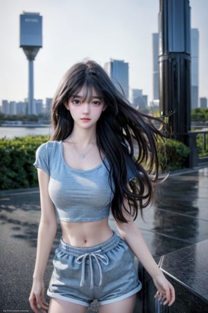 (medium full shot:1.4), Best quality,  masterpiece,  ultra high res,  (photorealistic:1.37),  raw photo,  a young girl named Nancy,  17 year old,  long hair in the wind,  grey eyes,  detailed eyes and face,  perfect pose, waist, blue short pants, crop top,   dynamic lighting,  in the dark,  deep shadow,  low key,  cinematic image, bright city,  floting city on the background., 
