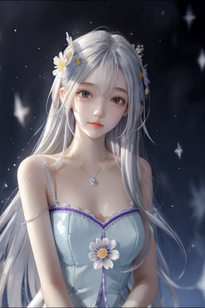 Watercolor painting, (Beautifully Aesthetic:1.2), (1girl:1.3), (long colorful hair, Half blue and half grey hair:1.2), water, liquid, natta, colorful, little Purple and yellow anemone flowers bloom around, Anemone blooming on the head, beautiful night, Starry sky, It's raining, Sateen, Fantastic night out,watercolor, snow white princess, 
,1 girl,