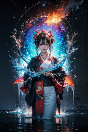 (masterpiece,  top quality,  best quality,  official art,  beautiful and aesthetic:1.2),  medium full shot, (1girl), tiny and tall,  kimono girl, extreme detailed, (abstract,  fractal art:1.3), colorful hair, highest detailed,  detailed_eyes,  fire,  water,  ice,  lightning,  light_particles,  ,midjourney