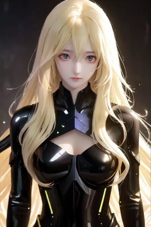 full shot of body,  a beautiful final fantasy style girl, (long wavy blonde hair), pale skin, fair skin,  clean detailed faces, black suit, GANTZ suit, analogous colors, glowing shadows, beautiful gradient, depth of field, clean image, high quality, high detail, high definition, Luminous Studio graphics engine, amazing pose, 