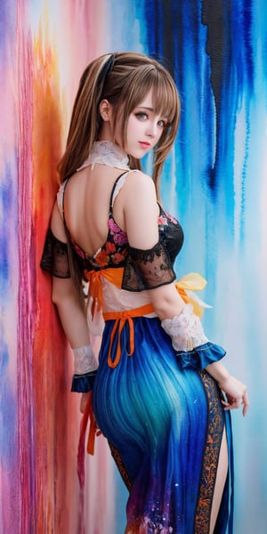 In a stunning watercolor painting (1.4) side view), Riley Reid as Mia Malkova embodies abstract beauty. Her long legs and toned physique are showcased in high definition. The Victorian blouse, with swirling colors of orange, black, blue, and pink, hugs her curves. As she approaches perfection, her gaze meets the viewer's, exuding confidence and allure. Sharp focus and intricate details bring this digital artwork to life on Artstation, a concept piece that rivals 8K quality, blending surrealism and watercolor techniques in a masterclass of artistry.