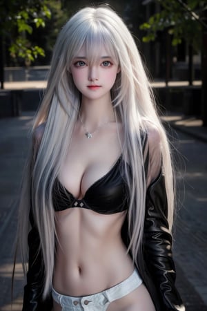 Best quality, masterpiece, very high resolution, photorealistic, (medium full shot:1.3), raw photo, a gorgeous girl, fair skin, long white hair, natural eyes, perfect body pose, a sheer bra or topless with black jacket, casual, dynamic lighting , in the dark, deep shadows, cinematic images, dark city, dark sky, stars,
