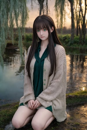 A young woman with long, dark hair sits alone under a weeping willow during a torrential downpour. Her pale face, her emerald green eyes downcast, and her hands clasped tightly around her knees convey deep sorrow. The setting sun casts a warm glow on her sorrowful face, contrasting with the dark, wet landscape. An atmosphere of solitude and despair pervades.,una