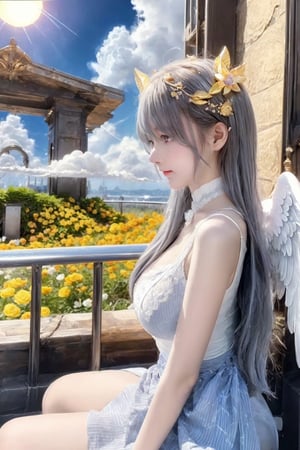 (masterpiece,  best quality),  (8k wallpaper),  (detailed illustration),  (super fine illustration),  (vibrant colors),  (professional lighting),  (sliver long wafy hair), (medium breast:1.3),  (shy:1.3),  The temples on both sides are decorated with blue ribbons,  (Double golden halo on her head),  angel wings,  red scarf,  cute dress,  long skirt,  hair ornament,  embarrassed,  natural eyes (grey eyes:1.3),  (clean sky:1.3) , (more flowers in air :1.3) , ( high sun:1.3),  (great view:1.3),  background ( clouds:1.3),  the girl sitting on one cloud, 
