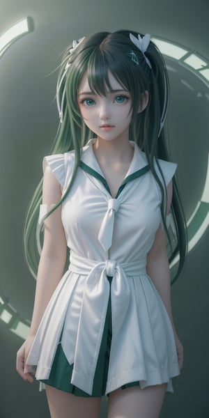 (((8k, best quality, masterpiece:1.2),(best quality:1.0), (ultra highres:1.0))), realistic, RAW, a beautiful loli,  17 years old,  ((hair clips)),((green white sailor uniform, school uniform, tie, small round breast)), from head to waist, extremely luminous bright design, autumn lights, long hair,  amazing eyes, details eyes, (((dynamic pose))), ((dark blue background)), ,<lora:659111690174031528:1.0>