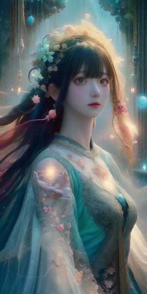 Ultra detailed realistic of a young girl lost in a magical world full of wonders, unique luminous flora never seen before, highly detailed, pastel colours, digital art, art by Mschiffer, night, dark, bioluminescence, slim, tall, perfect upper body, dynamic pose, pale skin, black hair, clear eyes, white skin, (long flowing hair, floating hair, long hair, messy hair), ((long floating sheers)), long bangs, medium shot, upper body, in the dark, deep shadow, low key, intricate fractal art,luna,Holy light