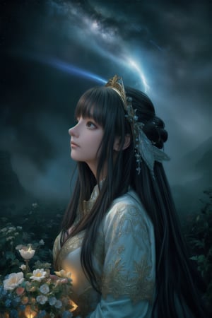 A breathtakingly beautiful digital art piece, reminiscent of Jean-Baptiste Monge's style. A single girl, her long hair flowing like a waterfall, is centered in the composition, surrounded by an intricate filigree design that shimmers with glittering lights. The rim lighting accentuates her features, casting a warm glow on her adorable face. Volumetric lighting creates depth, as rich, deep colors paint a surreal fantasy world. Sharp focus and ultra-detailed rendering bring the subject to life, akin to Dan Mumford's and Marc Simonetti's masterpieces. Astrophotography-inspired stars twinkle in the background, adding an extra layer of magic to this stunning piece of artgerm-inspired digital art.