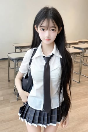 masterpiece, high res, 1girl, 17 years old,  school uniform, white shirt, mini skirt, school bag, table, chair, class room background, cute face, natural lighting, 
