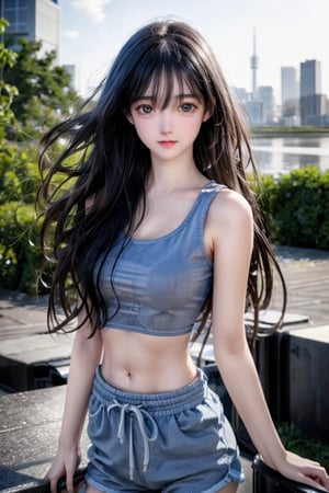 (medium full shot:1.4), Best quality,  masterpiece,  ultra high res,  (photorealistic:1.37),  raw photo,  a young girl named Nancy,  17 year old,  long hair in the wind,  grey eyes,  detailed eyes and face,  perfect pose, waist, blue short pants, crop top,   dynamic lighting,  in the dark,  deep shadow,  low key,  cinematic image, bright city,  floting city on the background., 
