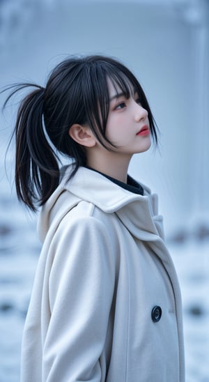  A short-haired girl standing in the snow, Red Coat, head up, breeze blowing hair, snow, snowflakes, depth of field, telephoto lens, messy hair, (close-up) , (sad) , sad and melancholy atmosphere, reference movie love letter, profile, head up, ((floating)) bangs or fringes of hair, eyes focused, half-closed, center frame, bottom to top,
,<lora:659111690174031528:1.0>