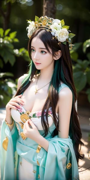 vibrant colors, female, masterpiece, sharp focus, best quality, depth of field, cinematic lighting, ((solo, one woman )), (illustration, 8k CG, extremely detailed), masterpiece, ultra-detailed, long and floating hair, white hair,  Emerald green Eyes,  Shiny,  Green tunic with floral decorations, flower crown on the head. This figure stood in the heart of the Fairy Woods, with medium, wavy white hair that blended harmoniously with the enchanted atmosphere of the place. The bright gold eyes shone with magic and wonder at the beauty of the surrounding nature. She wore a green tunic with floral decorations and a crown of flowers on her head, completely immersing herself in the tranquility and harmony of the fairy forest. dynamic pose, (((puffing out the chest))), 
 fine Detail, hands up, armpit, 