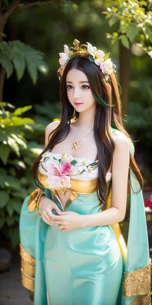 vibrant colors, female, masterpiece, sharp focus, best quality, depth of field, cinematic lighting, ((solo, one woman )), (illustration, 8k CG, extremely detailed), masterpiece, ultra-detailed, long and floating hair, white hair,  Emerald green Eyes color,  Shiny,  Green tunic with floral decorations, flower crown on the head. This figure stood in the heart of the Fairy Woods, with medium, wavy white hair that blended harmoniously with the enchanted atmosphere of the place. The bright gold eyes shone with magic and wonder at the beauty of the surrounding nature. She wore a green tunic with floral decorations and a crown of flowers on her head, completely immersing herself in the tranquility and harmony of the fairy forest. dynamic pose, (((puffing out the chest))), 
 fine Detail, hands up, armpit, 