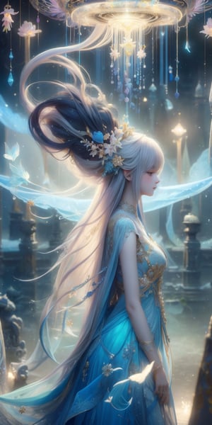 Ultra detailed realistic of a young girl lost in a magical world full of wonders, unique luminous flora never seen before, highly detailed, pastel colours, digital art, art by Mschiffer, night, dark, bioluminescence, slim, tall, perfect upper body, dynamic pose, pale skin, golden hair, blue eyes, white skin, (long flowing hair, floating hair, long hair, messy hair), ((long floating sheer)), perfect fingers, long bangs, medium shot, upper body, in the dark, deep shadow, low key, intricate fractal art