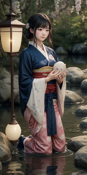 A serene moment captured: a young woman in traditional kimono kneels on a tranquil riverbank, her hands releasing a Toro nagashi into the gentle current as the warm sunlight softly illuminates her contemplative face amidst the Japanese-inspired patterns. The calm atmosphere is enhanced by the vibrant lanterns drifting lazily across the water's surface, their soft glow casting a peaceful ambiance.,watercolor style
