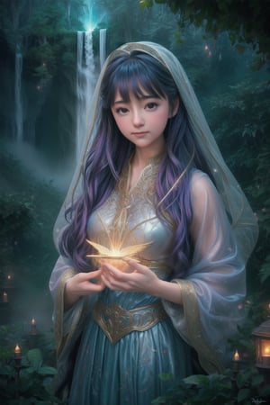 A whimsical tableau emerges as a girl with cascading tresses, like a waterfall's misty veil, commands the frame, enveloped by delicate filigree patterns radiating iridescent lights. Rim lighting casts a warm glow on her cherubic visage, while volumetric lighting adds depth to this ethereal fantasy realm. Rich hues and sharp focus bring the subject to vivid life, evoking Dan Mumford's and Marc Simonetti's fantastical masterworks. Astrophotography-inspired stars sparkle in the background, infusing magic into this breathtaking piece of artgerm-inspired digital art.