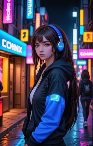 ((masterpiece)), ((best quality)), ((illustration)), Dreampolis, hyper-detailed digital illustration, cyberpunk, single girl with techsuite hoodie and headphones in the street, neon lights, lighting bar, city, cyberpunk city, film still, backpack, in megapolis, pro-lighting, high-res, masterpiece, pony hair, long pony, bangs,,<lora:659095807385103906:1.0>