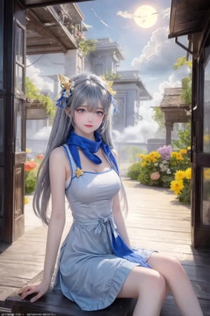 (masterpiece,  best quality),  (8k wallpaper),  (detailed illustration),  (super fine illustration),  (vibrant colors),  (professional lighting),  (sliver long wafy hair), (medium breast:1.3),  (shy:1.3),  The temples on both sides are decorated with blue ribbons,  (Double golden halo on her head),   red scarf,  cute dress,  long skirt,  hair ornament,  embarrassed,  natural eyes (grey eyes:1.3),  (clean sky:1.3) , (more flowers in air :1.3) , ( high sun:1.3),  (great view:1.3),  background ( clouds:1.3),  the girl sitting on one cloud, 
