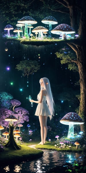 Ultra detailed illustration, a beautiful elf in the magical world full of unique luminous flora, pastel colors, full body shot, anime body, small breast, shoulder, arm,  digital art, night, dark,  (darkness background:1.1), 1girl, a young girl 17 years old, tiny, long legs, white skin, pale skin, (long hair, white hair:1.127), (big eyes:1.2), innocent face,  take rest at place with a lot of bioluminescence  mushrooms, fairy mushrooms, fairy trees, meadow, field, lanterns, candles, light, lake, water, raindrops, waterstream, soap bubbles, huge mushrooms, houses, huts, fantasy fairy girls, people, humans, lampposts, lamp posts, water fountain, fairyland portal, portal to fairyland, huge mushrooms, bioluminescence meadow, high contrass, low shadow, high hill shoes, long legs, ,