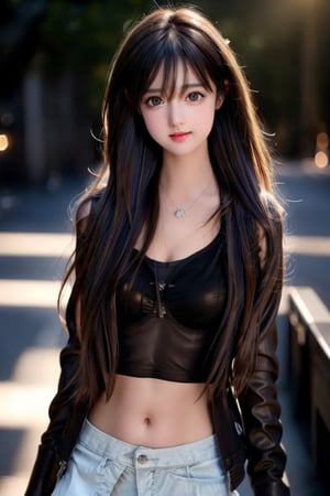 Best quality, high resolution, photorealistic, RAW photo,  (medium full shot:1.3), raw photo, a gorgeous girl, fair skin, (light brown hair:1.3), natural eyes, perfect body pose, a sheer bra or topless with black jacket, mini skirt, dynamic lighting , in the dark, deep shadows, cinematic images, dark city, dark sky, stars,