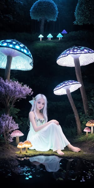 Ultra detailed illustration, a beautiful elf in the magical world full of unique luminous flora, pastel colors, full body shot, anime body, small breast, shoulder, arm,  digital art, night, dark,  (darkness background:1.1), 1girl, a young girl 17 years old, tiny, long legs, white skin, pale skin, (long hair, white hair:1.127), (big eyes:1.2), innocent face,  take rest at place with a lot of bioluminescence  mushrooms, fairy mushrooms, fairy trees, meadow, field, lanterns, candles, light, lake, water, raindrops, waterstream, soap bubbles, huge mushrooms, houses, huts, fantasy fairy girls, people, humans, lampposts, lamp posts, water fountain, fairyland portal, portal to fairyland, huge mushrooms, bioluminescence meadow, high contrass, low shadow, high hill shoes, long legs, ,