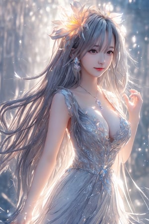 ((Masterpiece)), ((High resolution)), ((Fine detail)), (High-definition CG), high contrast, HDR, (official art), (volumetric lighting:1.3), (Backlight:1.1), (glowing:1.2), (illustration:1.3), a portrait of a hyperrealistic pretty goddess, medium shot, portrait, fair skin,  plunging silky white thin dress , shiny, long hair, (dark grey hair:1.4), hands up, armpit, alluring face, medium bust, (round breast), natural thin smile with big flower on ear, dynamic pose, clear river background, sunshine,fantasy00d,1 girl