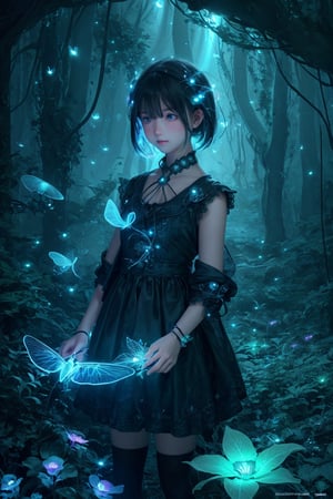 Ultra detailed illustration of a girl lost in a magical world of wonders, short hair,  glowy, bioluminescent flora, incredibly detailed, digital art, art by Mschiffer, night, red and blue bioluminescence,firefliesfireflies