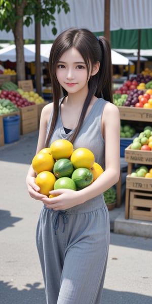 ((beautiful girl, young, hair tied aside, faint smile, happy)),
 A village girl, going to the market, carrying vegetables, in the middle of a traditional market, in the far corner of the village, full of fruits, vegetables. 1girl, realistic image, RAW, realistic photo, dynamic pose, dynamic lighting, ,<lora:659111690174031528:1.0>