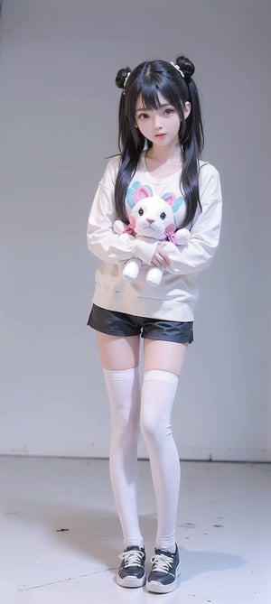 1 korean girl, solo, long hair, open mouth, bangs, blue eyes, simple background, shirt, thigh highs, long sleeves, white background, bow, holding, blue hair, standing, full body, hair bow, multi colored hair, one eye closed, shoes, shorts, striped, blunt bangs, hair bun, sweater, white thigh highs, black shirt, double bun, aqua hair, gradient hair, black shorts, stuffed toy, stuffed animal, sneakers, striped thigh highs, stuffed bunny, black sweater, holding stuffed toy,