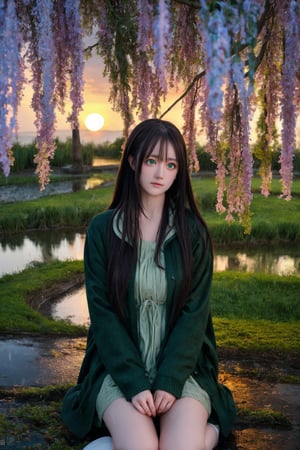 A young woman with long, dark hair sits alone under a weeping willow during a torrential downpour. Her pale face, her emerald green eyes downcast, and her hands clasped tightly around her knees convey deep sorrow. The setting sun casts a warm glow on her sorrowful face, contrasting with the dark, wet landscape. An atmosphere of solitude and despair pervades.,una