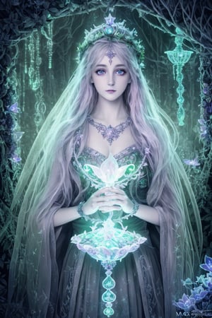 HDR, Ultra detailed illustration of a goddess  with crown lost in a magical world full of wonders forest, unique luminous flora, highly detailed, pastel colors,  digital art, art by Mschiffer, night, dark, grey bioluminescence, (darkness background:1.2), 1girl, white skin, pale skin, 