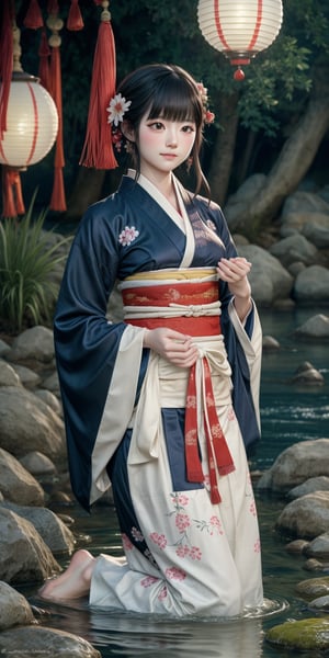 A serene moment captured: a young woman in traditional kimono kneels on a tranquil riverbank, her hands releasing a Toro nagashi into the gentle current as the warm sunlight softly illuminates her contemplative face amidst the Japanese-inspired patterns. The calm atmosphere is enhanced by the vibrant lanterns drifting lazily across the water's surface, their soft glow casting a peaceful ambiance.,watercolor style
