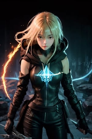 masterpiece, Rogue assassin girl, wearing a hood, blonde hair, shrouded in shadows, holding a flaming dagger in each hand, vibrant glowing abyssal colors, entirely in frame, FULL BODY, radiating electrical energy, shoulder length messy hair, Full body, Beautiful anime waifu style girl, hyperdetailed painting, luminism, art by Carne Griffiths and Wadim Kashin concept art, 8k resolution, fractal isometrics details bioluminescence , 3d render, octane render, intricately detailed , cinematic, trending on art station Isometric Centered hyper realistic cover photo awesome full color, hand drawn , gritty, realistic, intricate, hit definition , cinematic, Rough sketch, bold lines, on paper, vibrant, epic, ultra high quality model