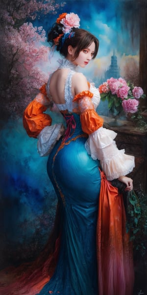 In a stunning watercolor painting, side view, Her long legs and toned physique are showcased in high definition. The Victorian blouse, with swirling colors of orange, black, blue, and pink, hugs her curves. As she approaches perfection, her gaze meets the viewer's, exuding confidence and allure. Sharp focus and intricate details bring this digital artwork to life on Artstation, a concept piece that rivals 8K quality, blending surrealism and watercolor techniques in a masterclass of artistry.