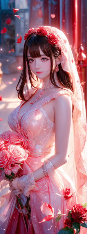 The image features a surreal and artistic composition of a woman whose face is partially obscured by a large soft red rose. The petals of the rose delicately cover her sparkle eyes and part of her face, creating an ethereal and dreamlike effect. The woman is dressed in a flowing, translucent fabric that appears to be made of soft layers, echoing the delicate nature of the red rose petals. The background is softly blurred, with a gentle, light color red palette that complements the pink tones of the rose and the fabric. The overall mood is romantic and otherworldly, ar 9:16, style raw, stylize 250,1 girl, 