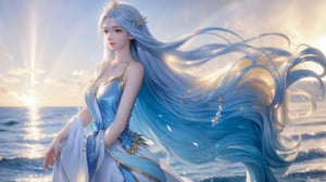A medium shot, a young girl, 1girl, beautiful long flowing golden hair , wearing a flowing blue and white dress made of waves, representing beauty and elegance. 8K photograph, at sunset, against a radiant and rainbow-like holographic background, a dynamic pose. Final fantasy styles, center image, a highlight in the middle of a journey,(1girl:1.3),