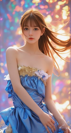 A young girl with long, brown hair flows like a river down her back as she strikes a dramatic pose in the center of the frame. She wears a stunning blue, gold, and white dress that undulates like waves, exuding beauty and elegance. Against a radiant holographic background that shimmers like a rainbow at sunset, her figure is highlighted against the vibrant colors. The 8K photograph captures every detail of this Una-inspired scene, as if it's frozen in time.