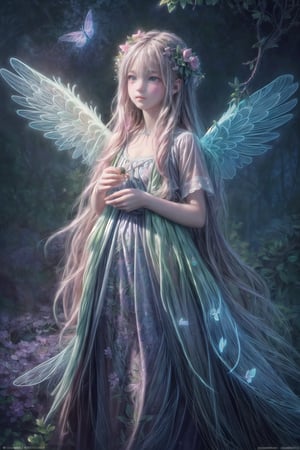 Ultra detailed illustration of an angel lost in a magical world full of wonders, luminous flora and unique luminous fauna never seen before, highly detailed, pastel colors, hand painted strokes, visible strokes, digital art, art by Mschiffer, night, dark, bioluminescence