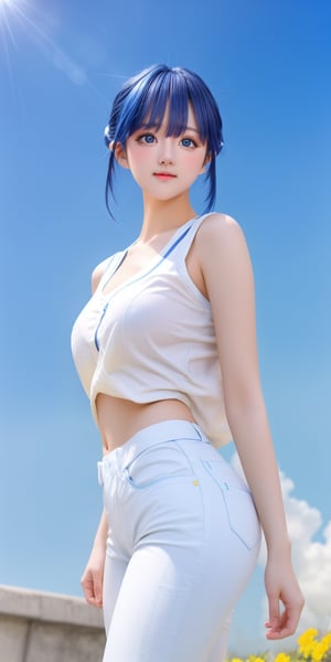 photography, hyper realistic photo, high resolution, a beautiful gril,  innocent, smooth lighting, cinematic image, outdoor, (blue sky:1.3), dynamic pose, natural face, long legs, white shirt, short blue pants,una, black shiny hair, slim, messy bun, 