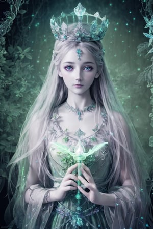 HDR, Ultra detailed illustration of a goddess  with crown lost in a magical world full of wonders forest, unique luminous flora, highly detailed, pastel colors,  digital art, art by Mschiffer, night, dark, grey bioluminescence, (darkness background:1.2), 1girl, white skin, pale skin, 