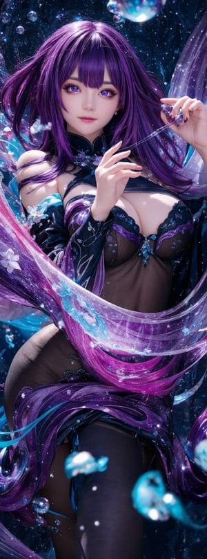 A stunning girl with vibrant purple hair and piercing ruby eyes dominates the frame, her confident pose drawing the viewer's gaze. Amidst a swirling vortex of inky stars, she gazes directly at the camera, her full figure exuding self-assurance. Dynamic movement fills the air, as if passion has taken physical form, pouring forth like ink rain. In the background, delicate orchids float amidst suspended bubbles of ink, adding whimsy to this masterfully crafted digital artwork.