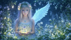 Ultra detailed illustration of an angel lost in a magical world full of wonders, unique luminous flora never seen before, highly detailed, pastel colors,  digital art, art by Mschiffer, night, dark, bioluminescence