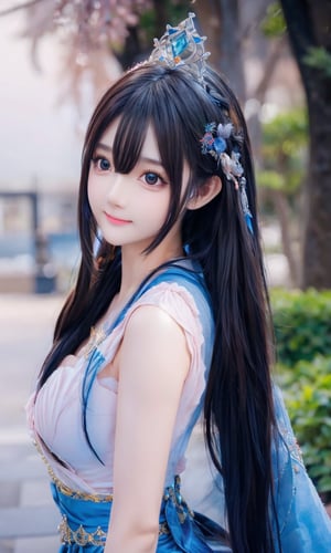 In a breathtakingly beautiful watercolor shot (soft focus: 2.0), a stunning Korean girl, an 18-year-old idol face, gazes directly at the viewer with her oversized, sparkling eyes and radiant smile. Her randomly styled hairstyle adds to her kawaii charm. She wears a mesmerizing Fashions Elemental Water Mage costume, featuring a dark blue robe adorned with flowing fabric and intricate water-themed embroidery. The flowing layers evoke the illusion of swirling water currents. A wide-brimmed wizard tiara with water droplet-shaped embellishments rests atop her loose waves or braids. Her staff or scepter is wrapped in crystals, seashells, or flowing ribbons, symbolizing control over the element of water. Shimmering makeup and intricate body paint designs complete the look, transporting viewers to the mystical Temple of the Deep Sea (front: 1.5). The best lighting and bokeh effect enhance the sense of depth, while a subtle lens flare adds a touch of magic.