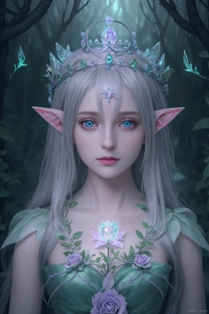 HDR, Ultra detailed illustration of a elf  with crown lost in a magical world full of wonders forest, unique luminous flora, highly detailed, pastel colors,  digital art, art by Mschiffer, night, dark, grey bioluminescence, (darkness background:1.2), 1girl, white skin, pale skin, 