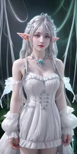 (((HDR, Ultra detailed illustration of a elf ))) with crown lost in a magical world full of wonders forest, unique luminous flora, highly detailed, pastel colors,  digital art, art by Mschiffer, night, dark, grey bioluminescence, (darkness background:1.2), 1girl, white skin, pale skin, Beauty white girl,  ((white elf)), beautiful white female in hyperdetailed white ruffled dress, gorgeous hyperdetailed white hair, pale_skin, flushed face, perfect symmetrical eyes, dreadlocks, silver jewels, silver-ornated white_goth_dress, (high detailed skin: 1.2),,Realism,more detail , (((grey eyes, big eyes)))