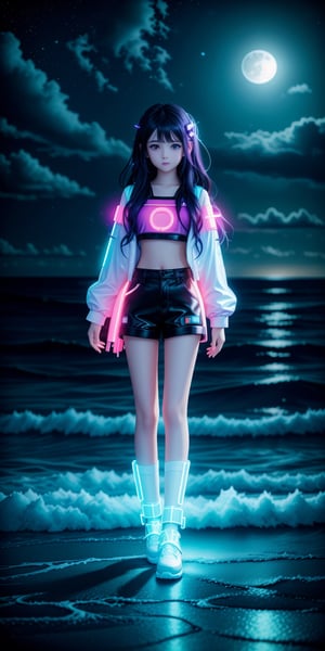a young girl with neon light art, in the dark of night, moonlit seas, clouds, moon, stars, colorful, detailed, 4k, full body shot, detail face, ,
,<lora:659111690174031528:1.0>