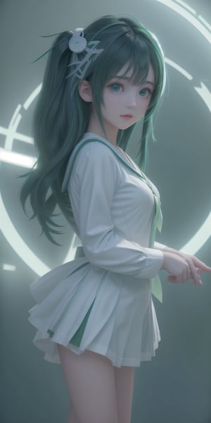 (((8k, best quality, masterpiece:1.2),(best quality:1.0), (ultra highres:1.0))), realistic, RAW, a beautiful loli,  17 years old,  ((hair clips)),((green white sailor uniform, school uniform, tie, small round breast)), from head to waist, extremely luminous bright design, neon lights, long hair,  amazing eyes, details eyes, (((dynamic pose))), ((dark blue background)), ,<lora:659111690174031528:1.0>